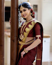 Valiba Beautiful Dark Maroon & Golden Jacquard Work Silk Designer Sarees