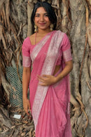 Sushila – Pink Pure Linen Silk Saree with Jacquard Detailing