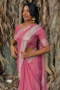 Sushila – Pink Pure Linen Silk Saree with Jacquard Detailing