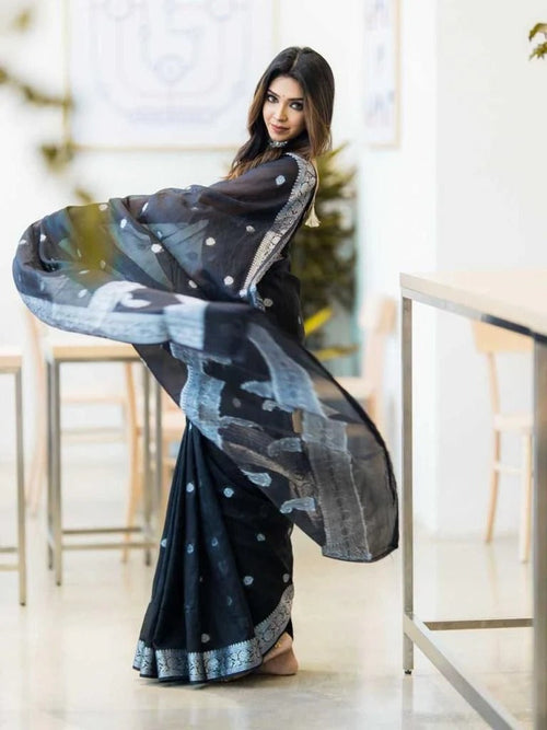 Samaira - Black Soft Silk Saree with Subtle Jacquard and Matching Blouse