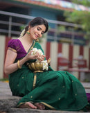 Revathi - Green Pure Linen Silk Saree with Jacquard Weaving and Contrast Purple Blouse
