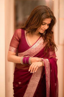 Samaira - Wine Soft Silk Saree with Subtle Jacquard and Matching Blouse