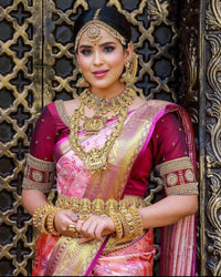 Ishvika - Pink Banarasi Silk Saree with Antique Gold Border and Dark Pink Blouse