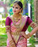 Ishvika - Pink Banarasi Silk Saree with Antique Gold Border and Dark Pink Blouse