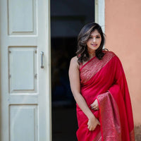 Nayira - Red Soft Silk Saree with Silver Zari Border and Matching Blouse