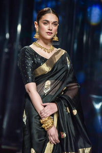 Black With Golden Butta & Zari Party Wear Lichi Designer Lichi Silk  Weaving