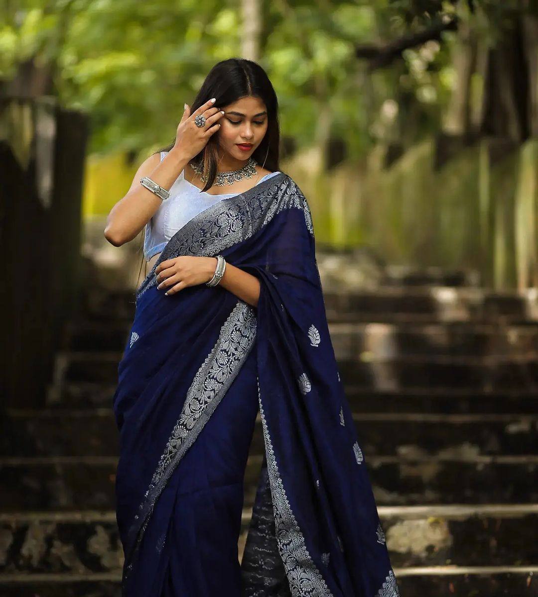 Navy Blue With Silver Patta Soft Banarasi Silk Traditional Saree