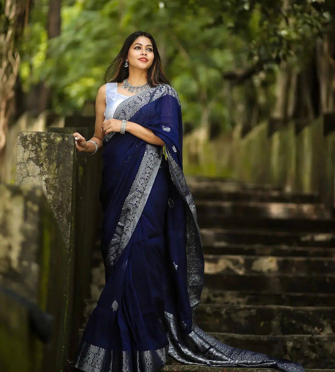 Navy Blue With Silver Patta Soft Banarasi Silk Traditional Saree