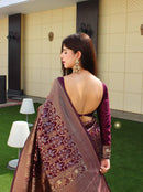 Maroon Panddi With Zari Boder Banarasi Soft silk Saree
