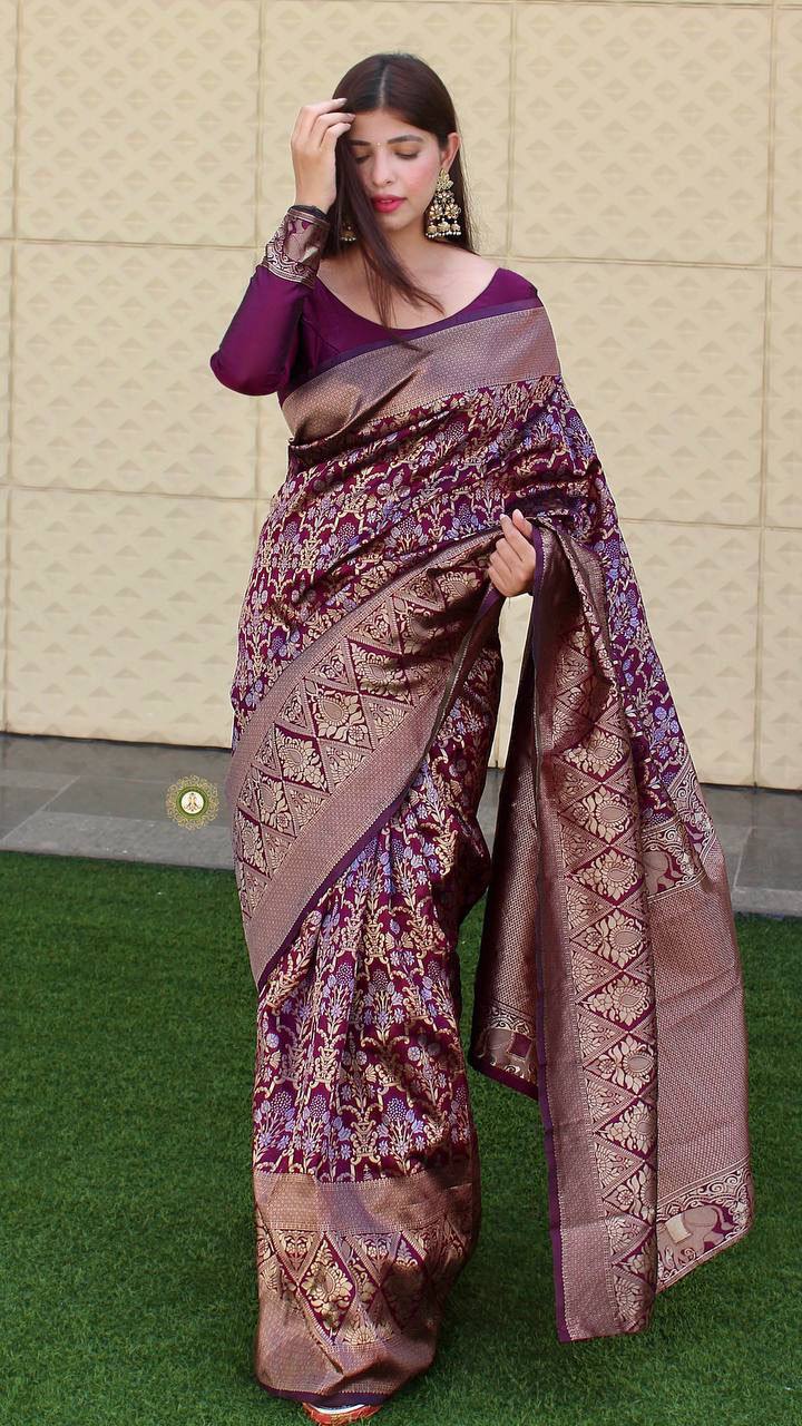 Maroon Panddi With Zari Boder Banarasi Soft silk Saree