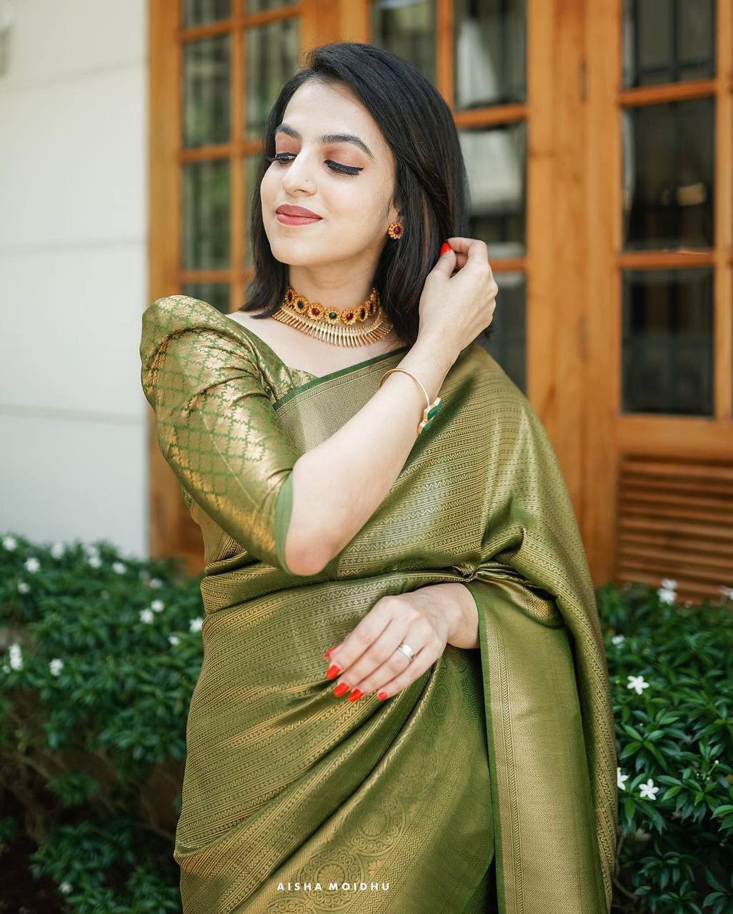 Light Green Banarsi Saree & Blouse Golden Zari Weaving