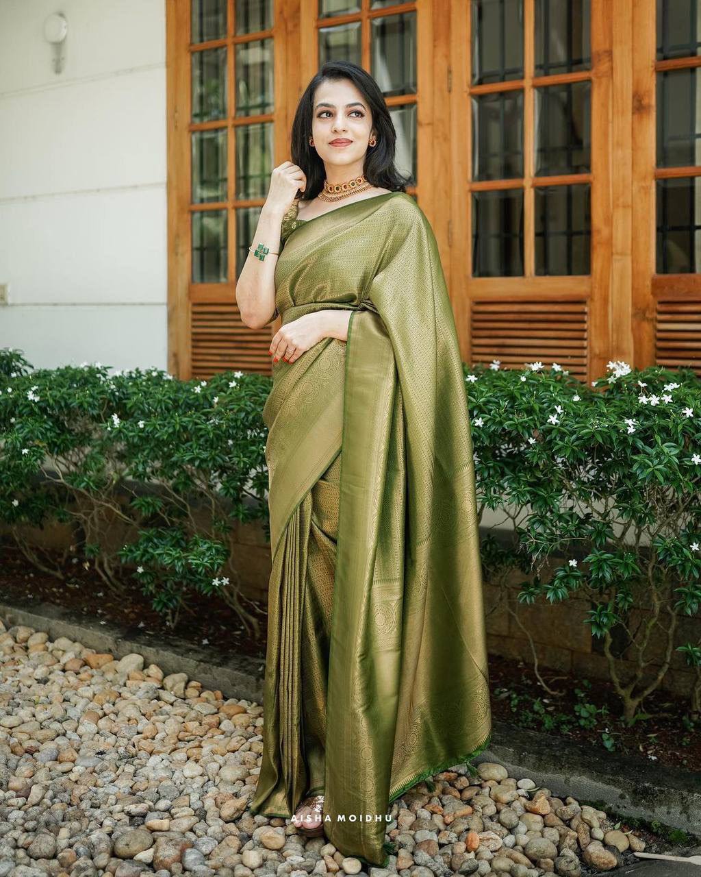 Light Green Banarsi Saree & Blouse Golden Zari Weaving