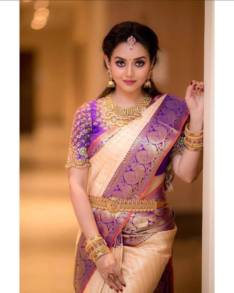 Cream With Purple Color Party Wear Designer Lichi Silk