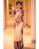 Cream With Purple Color Party Wear Designer Lichi Silk