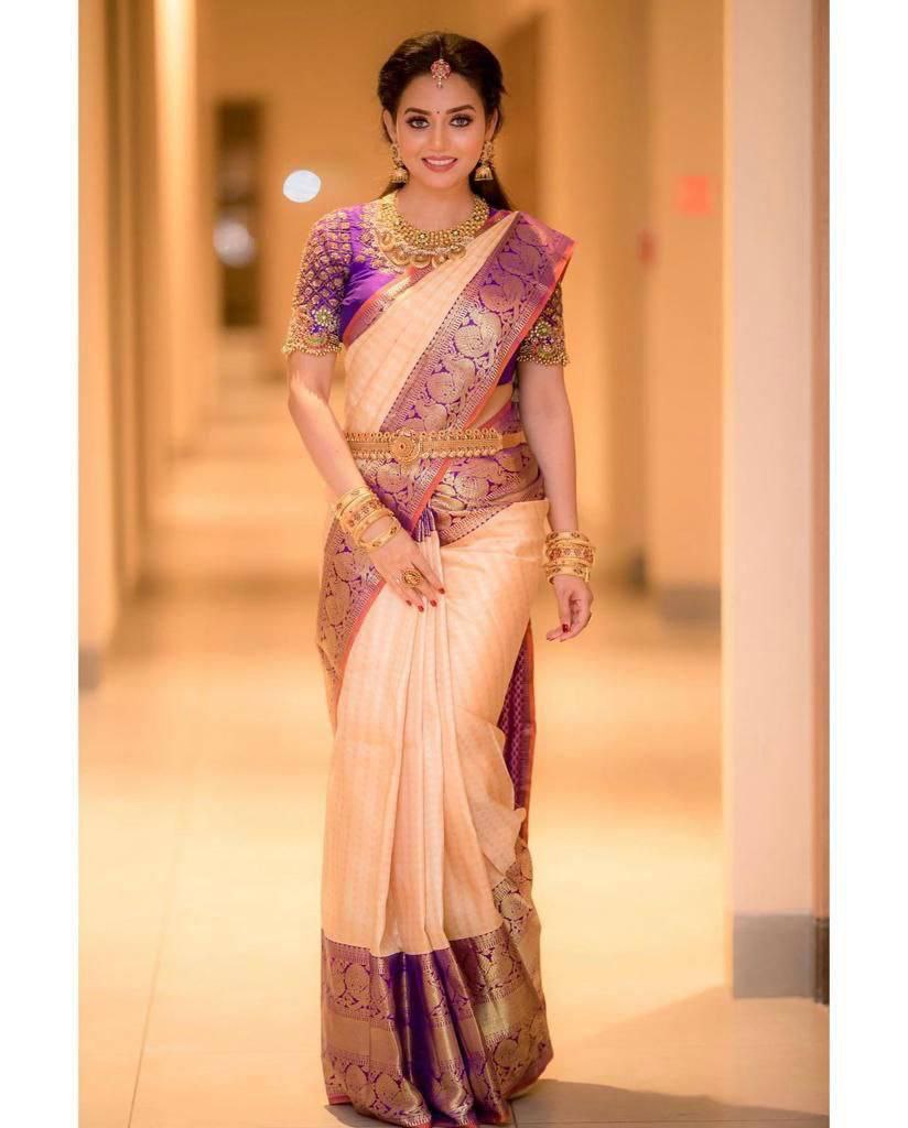 Cream With Purple Color Party Wear Designer Lichi Silk