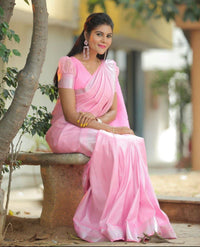 Light Pink Designer Pure Lichi Soft Silk Banarsi Saree Weaving
