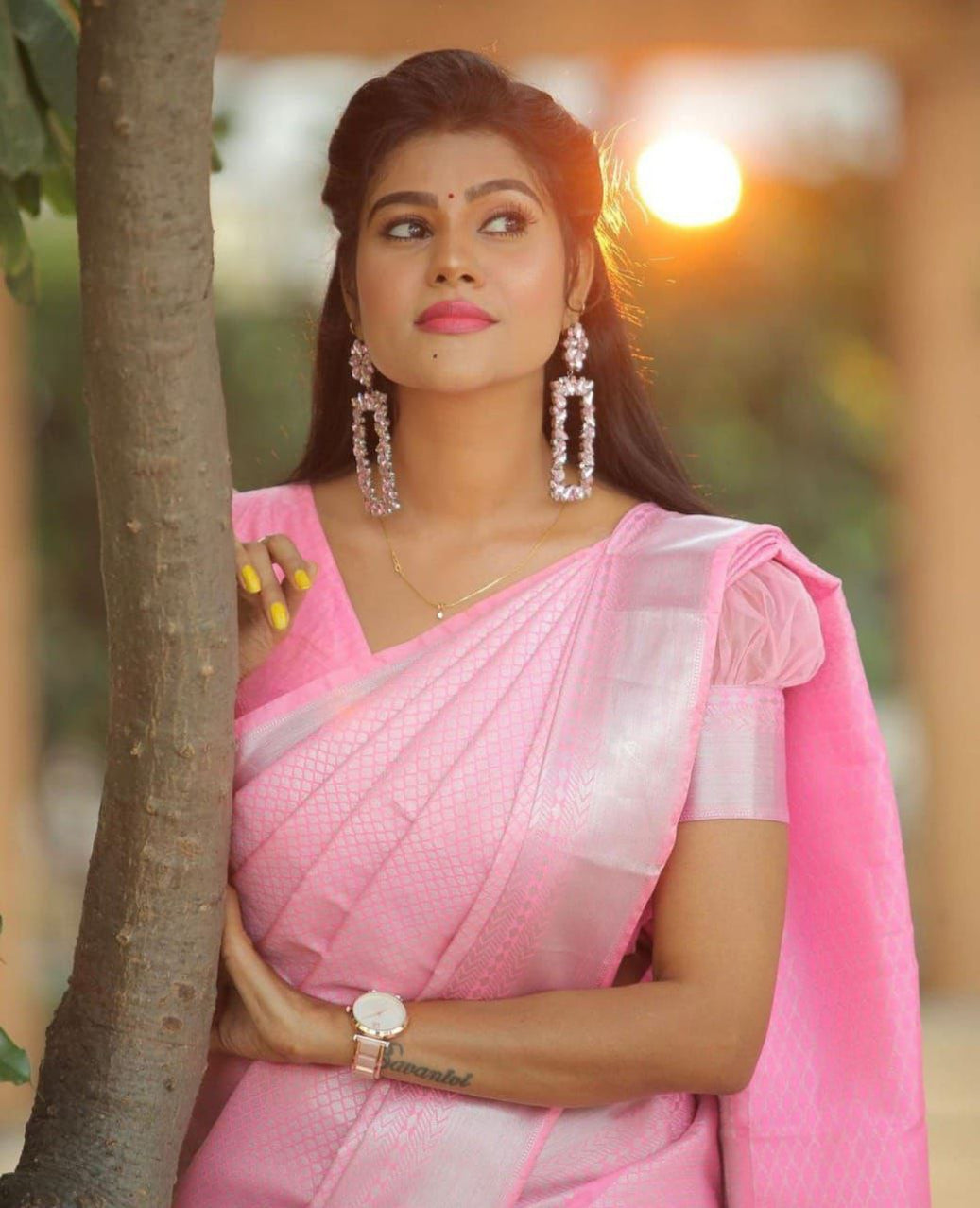 Light Pink Designer Pure Lichi Soft Silk Banarsi Saree Weaving