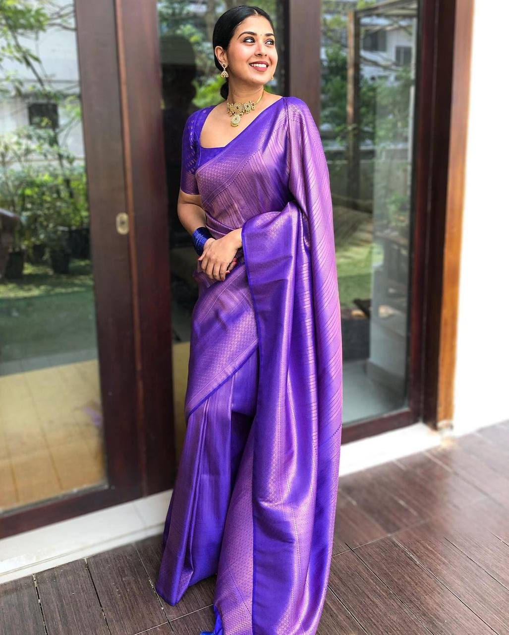 Dark Blue And Lichi Silk Saree