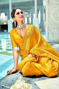 Dandelion Yellow Lichi Silk Zar  Saree Weaving