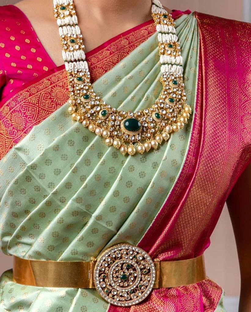 Pista With Green Soft Lichi Silk Woven Kanjivaram Saree Weaving