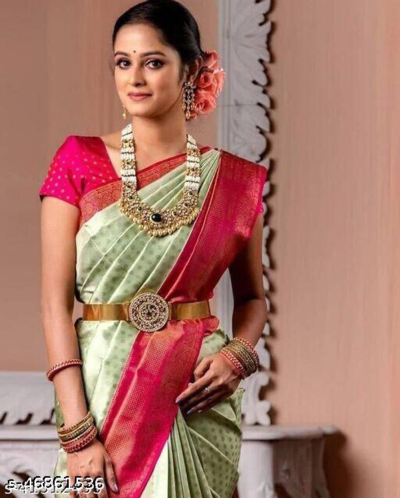 Pista With Green Soft Lichi Silk Woven Kanjivaram Saree Weaving