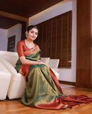 Beautiful Green And Red With Gold Weaving Work Banarasi Lichi Silk .