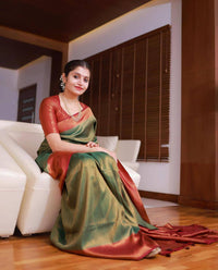 Beautiful Green And Red With Gold Weaving Work Banarasi Lichi Silk .
