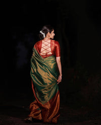 Beautiful Green And Red With Gold Weaving Work Banarasi Lichi Silk .