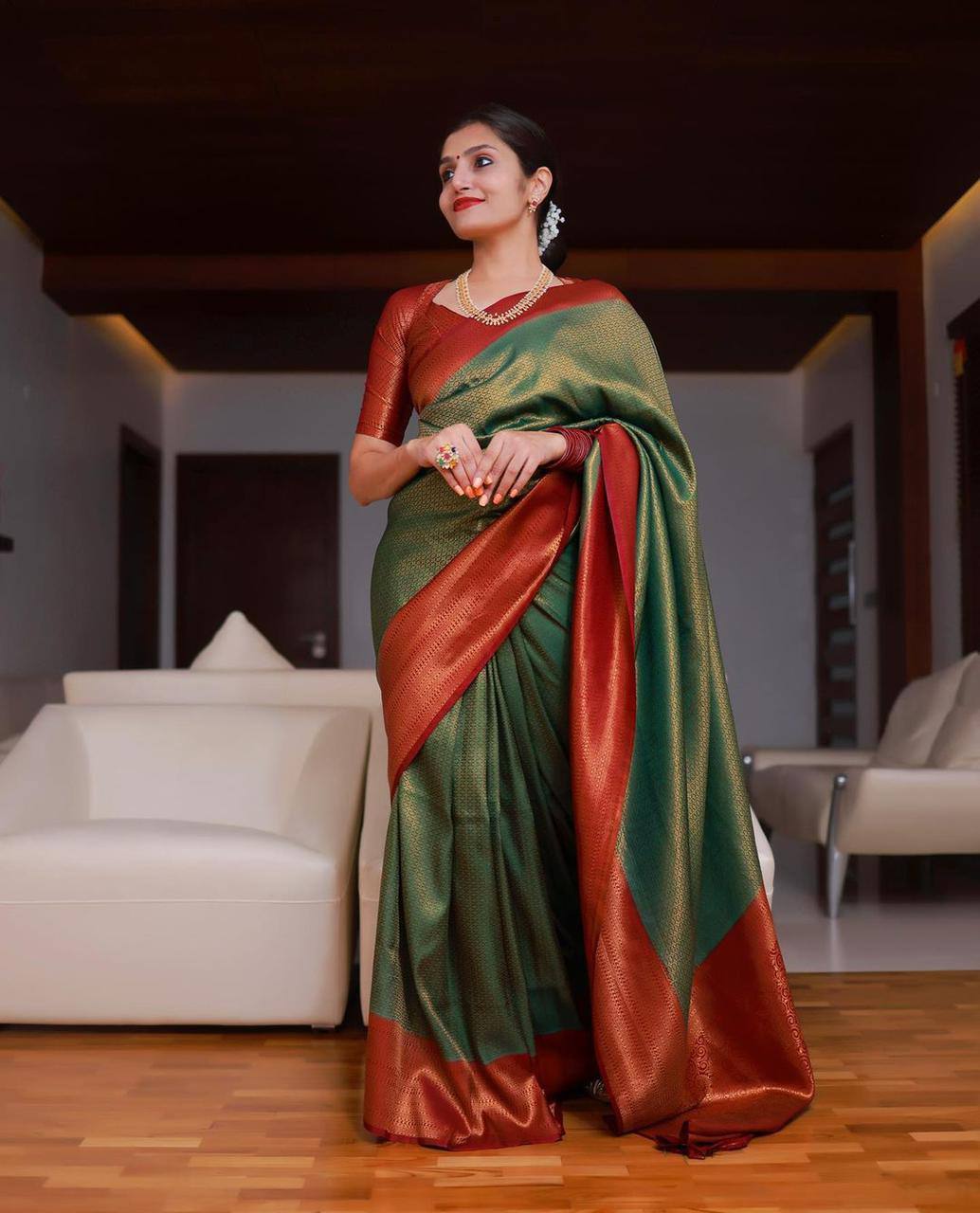 Beautiful Green And Red With Gold Weaving Work Banarasi Lichi Silk .