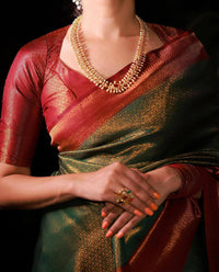 Beautiful Green And Red With Gold Weaving Work Banarasi Lichi Silk .
