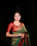 Beautiful Green And Red With Gold Weaving Work Banarasi Lichi Silk .