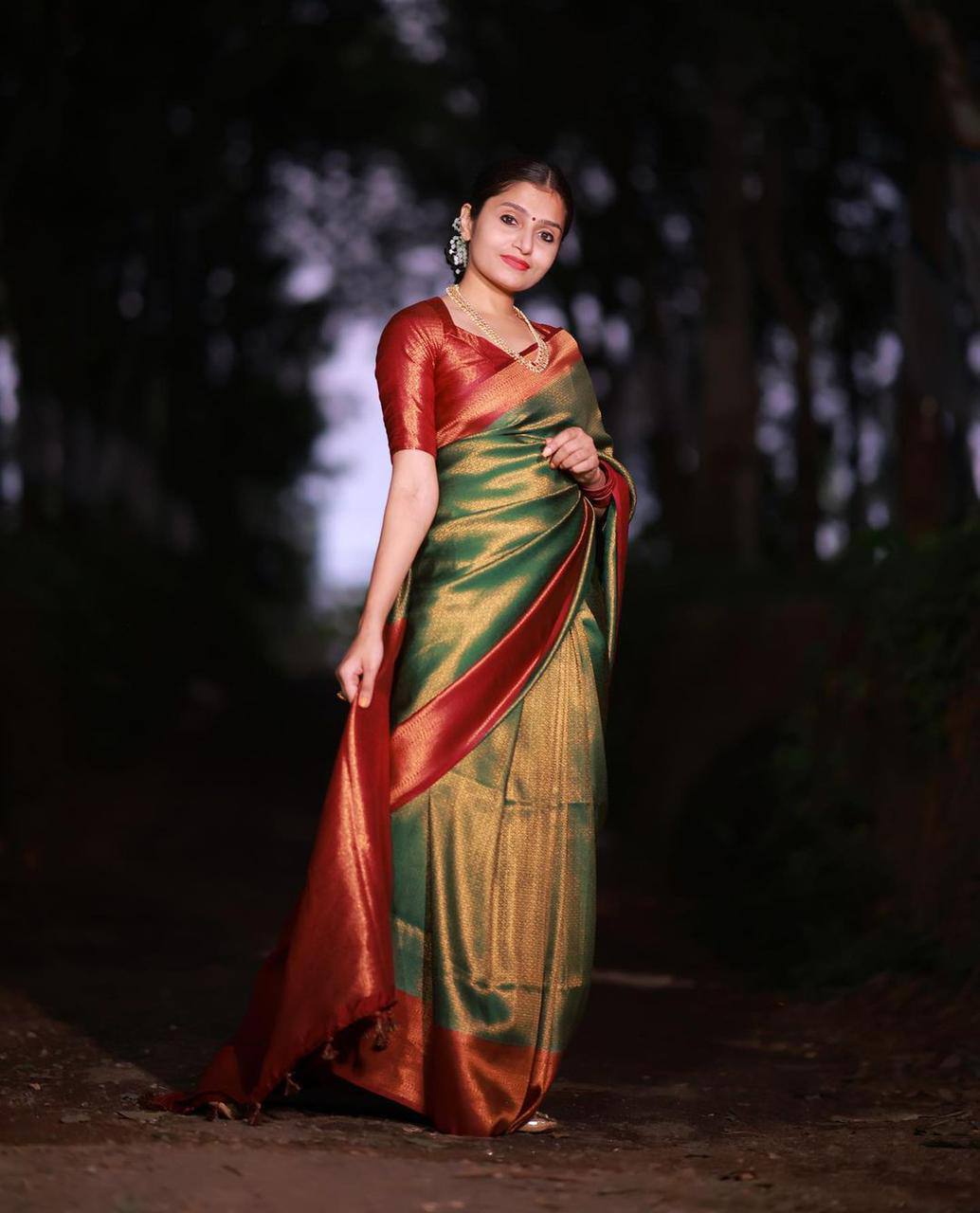 Beautiful Green And Red With Gold Weaving Work Banarasi Lichi Silk .