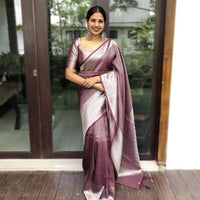 Maroon And Silver Raw Silk Traditional Weaving Work Saree