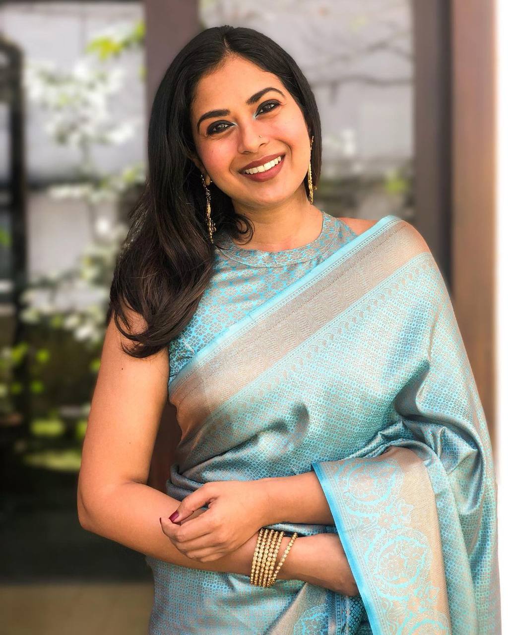Maya Light Teal Blue Copper Zari Weaving Designer Lichi Silk Saree