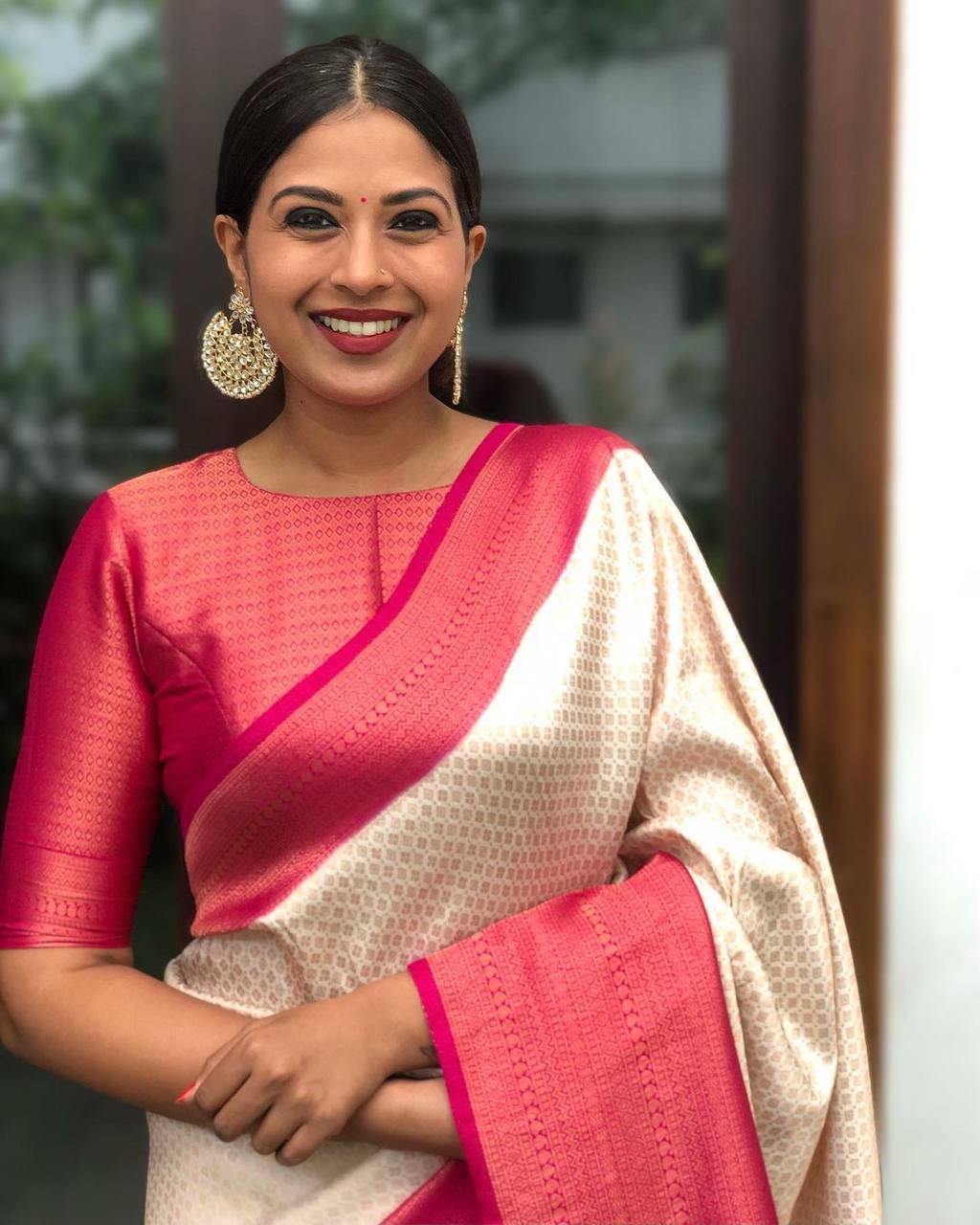 Traditional Lichi Silk  In The Shades Of White And Pink & Cream Saree