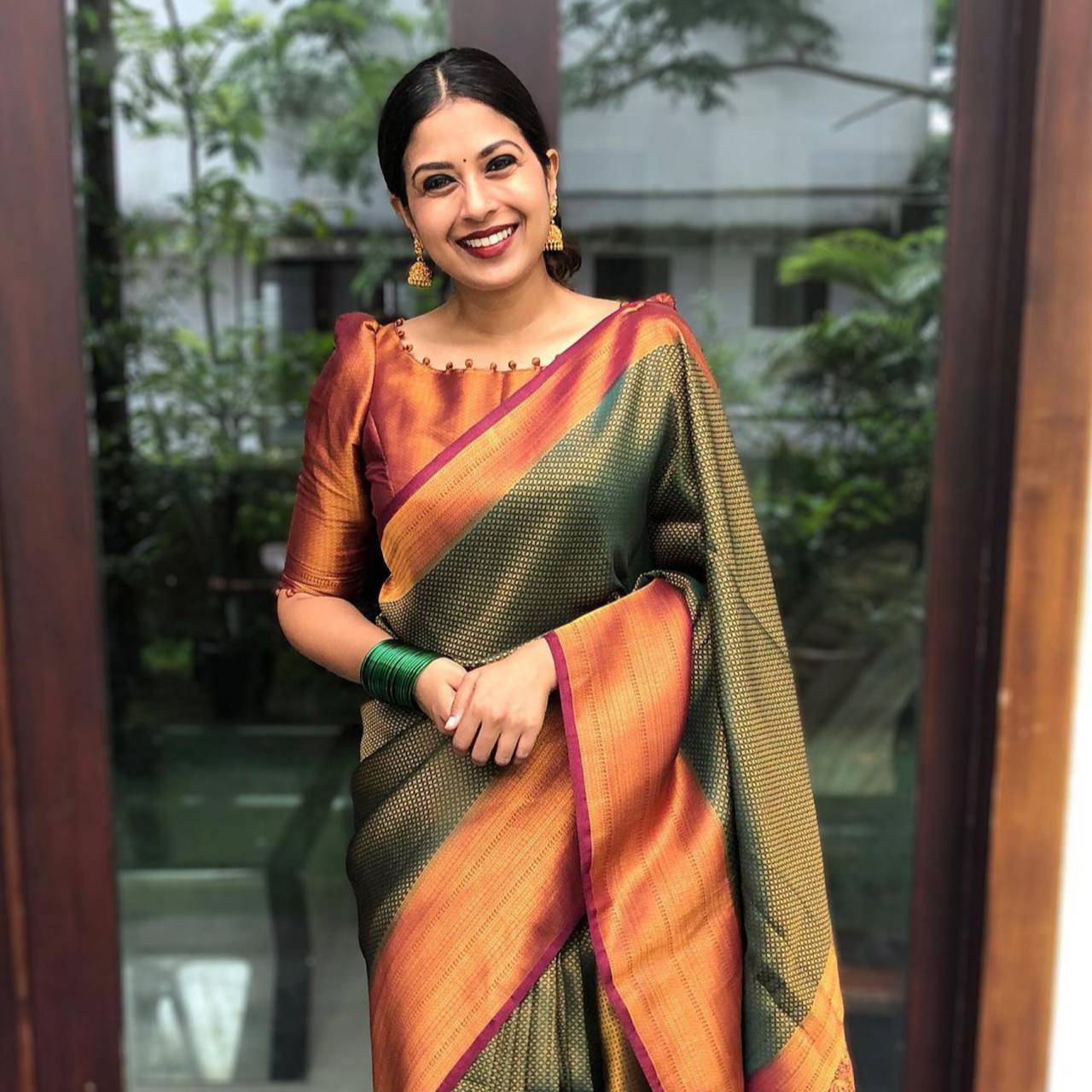 Red With Maroon Combition Copper Zari Weaving Lichi Silk  Saree