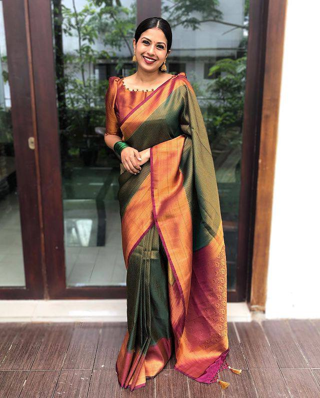 Red With Maroon Combition Copper Zari Weaving Lichi Silk  Saree