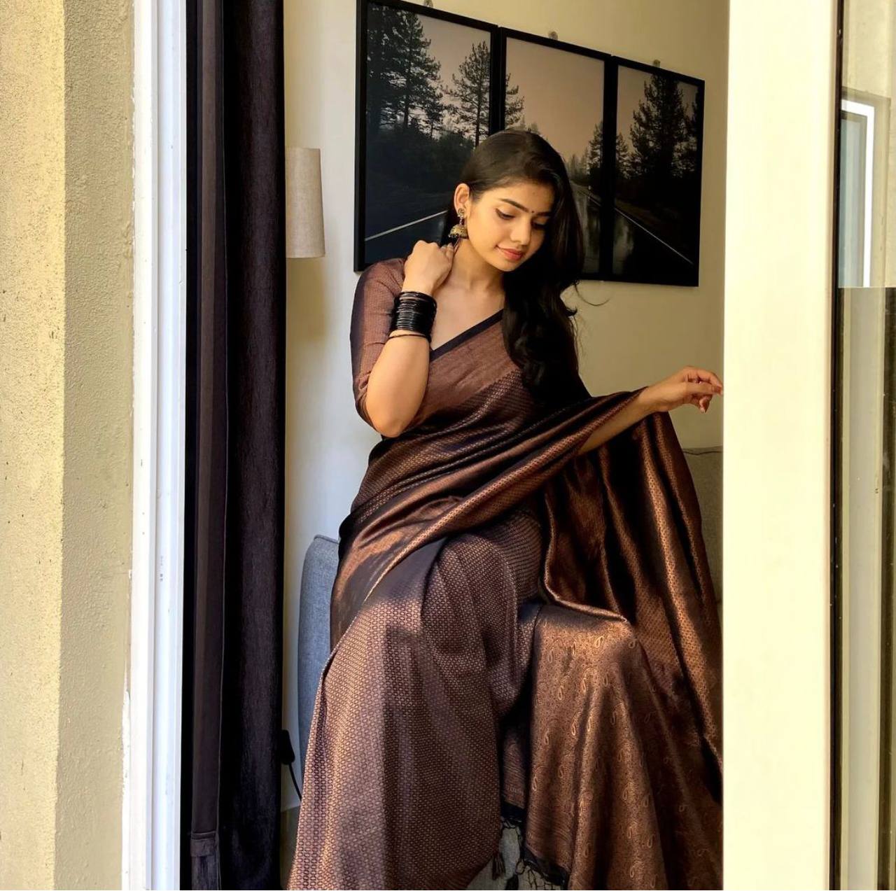 Dark Green Copper Zari Lichi silk Saree