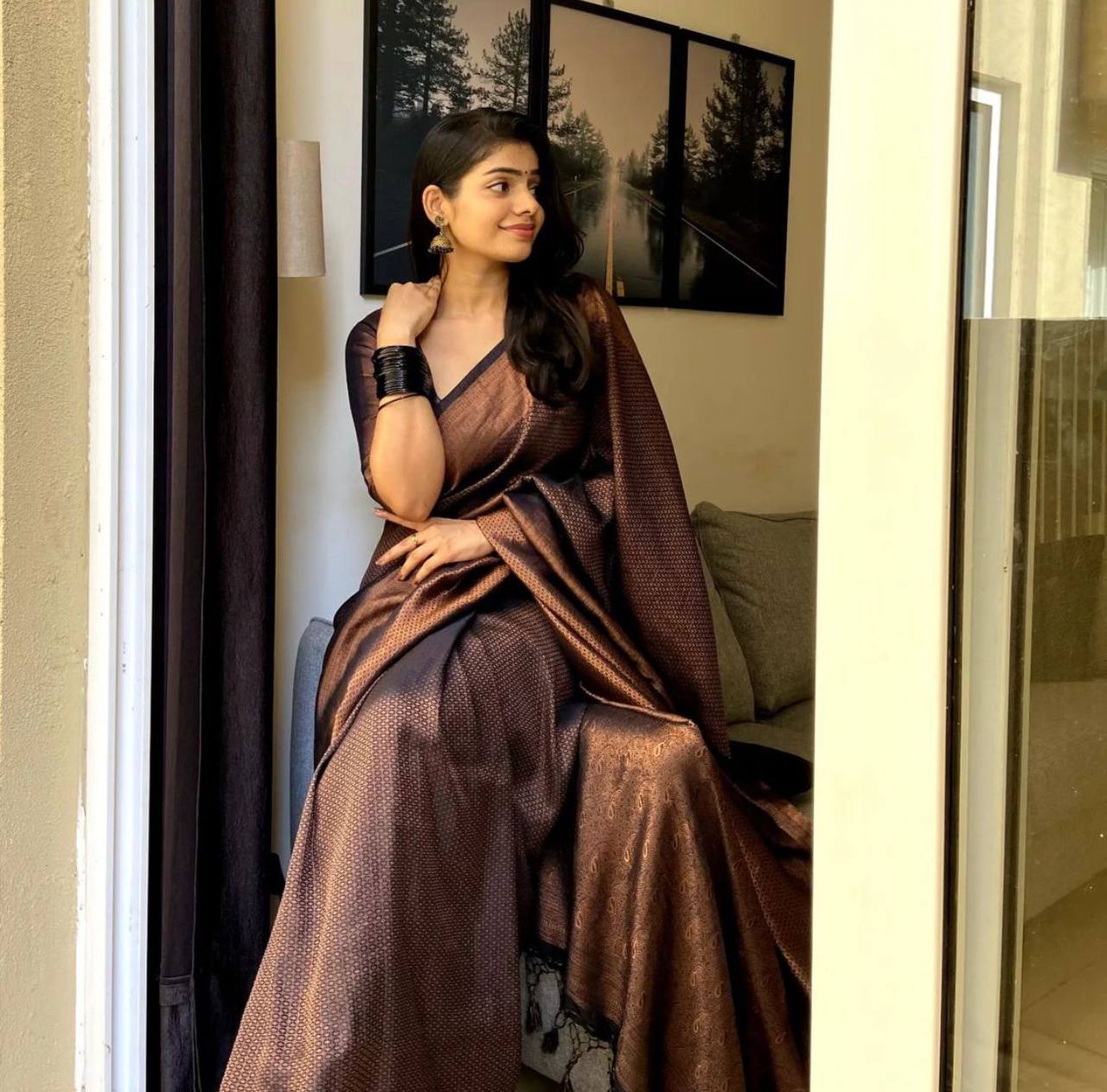 Dark Green Copper Zari Lichi silk Saree