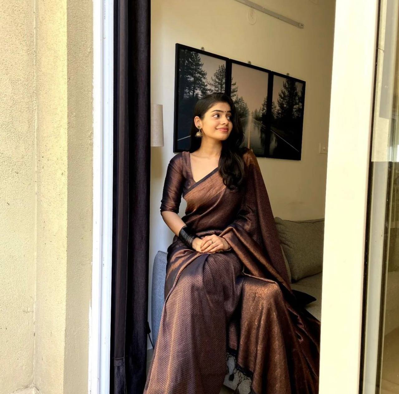 Dark Green Copper Zari Lichi silk Saree