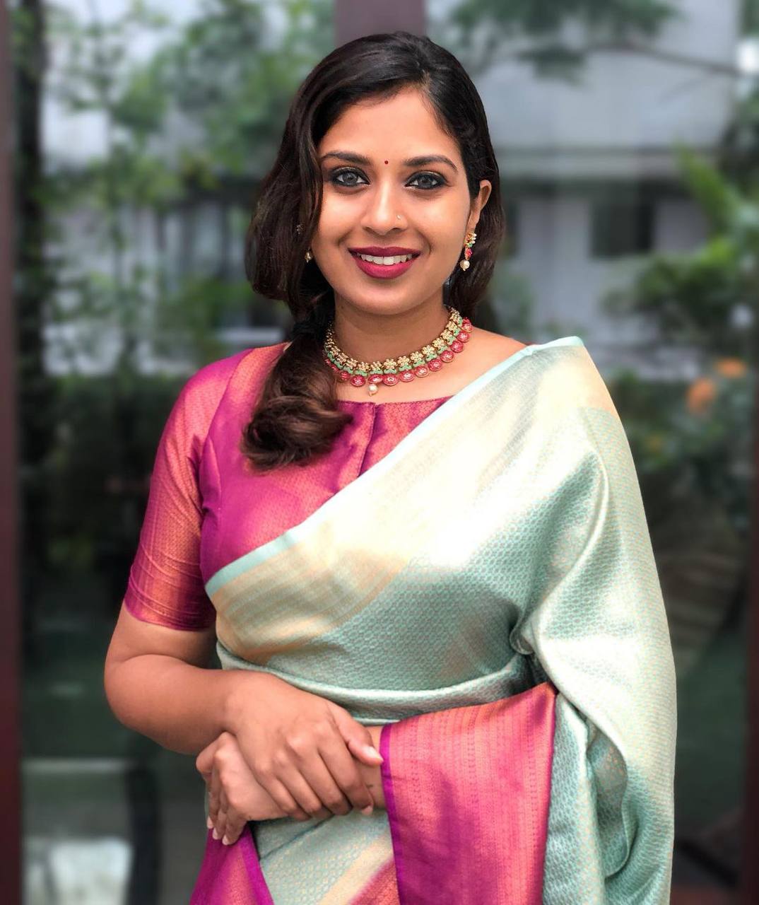 Light Green & Pink Broder Designer Soft Silk Banarsi Saree