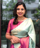Light Green & Pink Broder Designer Soft Silk Banarsi Saree