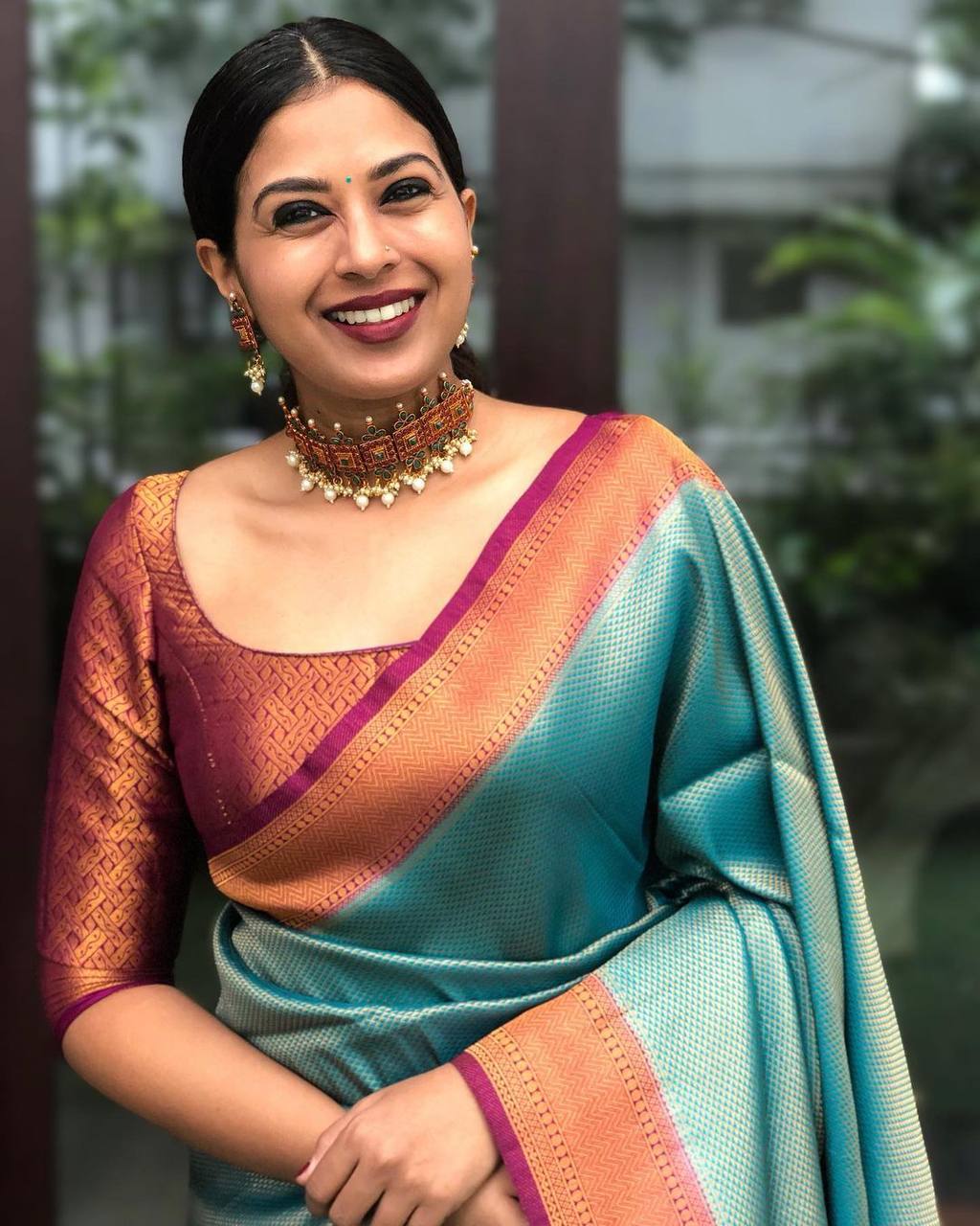 Skyblue Trending Lichi Silk Saree For Wedding