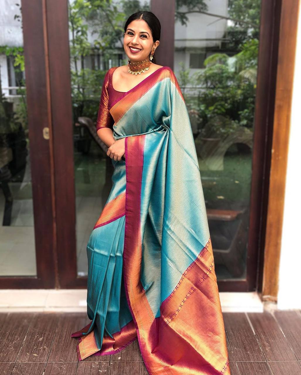 Skyblue Trending Lichi Silk Saree For Wedding