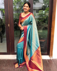 Skyblue Trending Lichi Silk Saree For Wedding