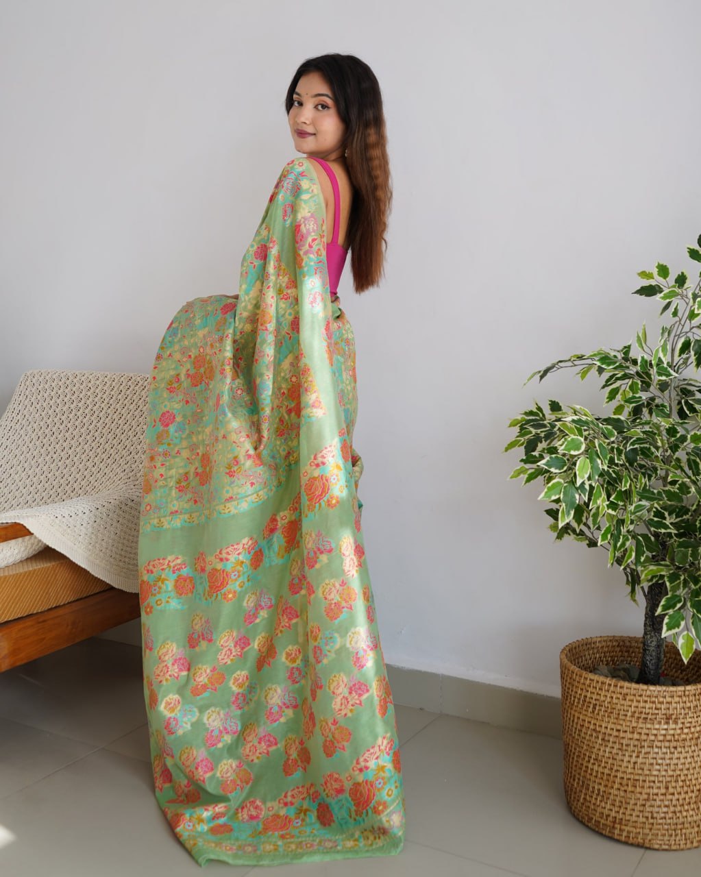 Charming Pista Banarasi Soft Silk Saree