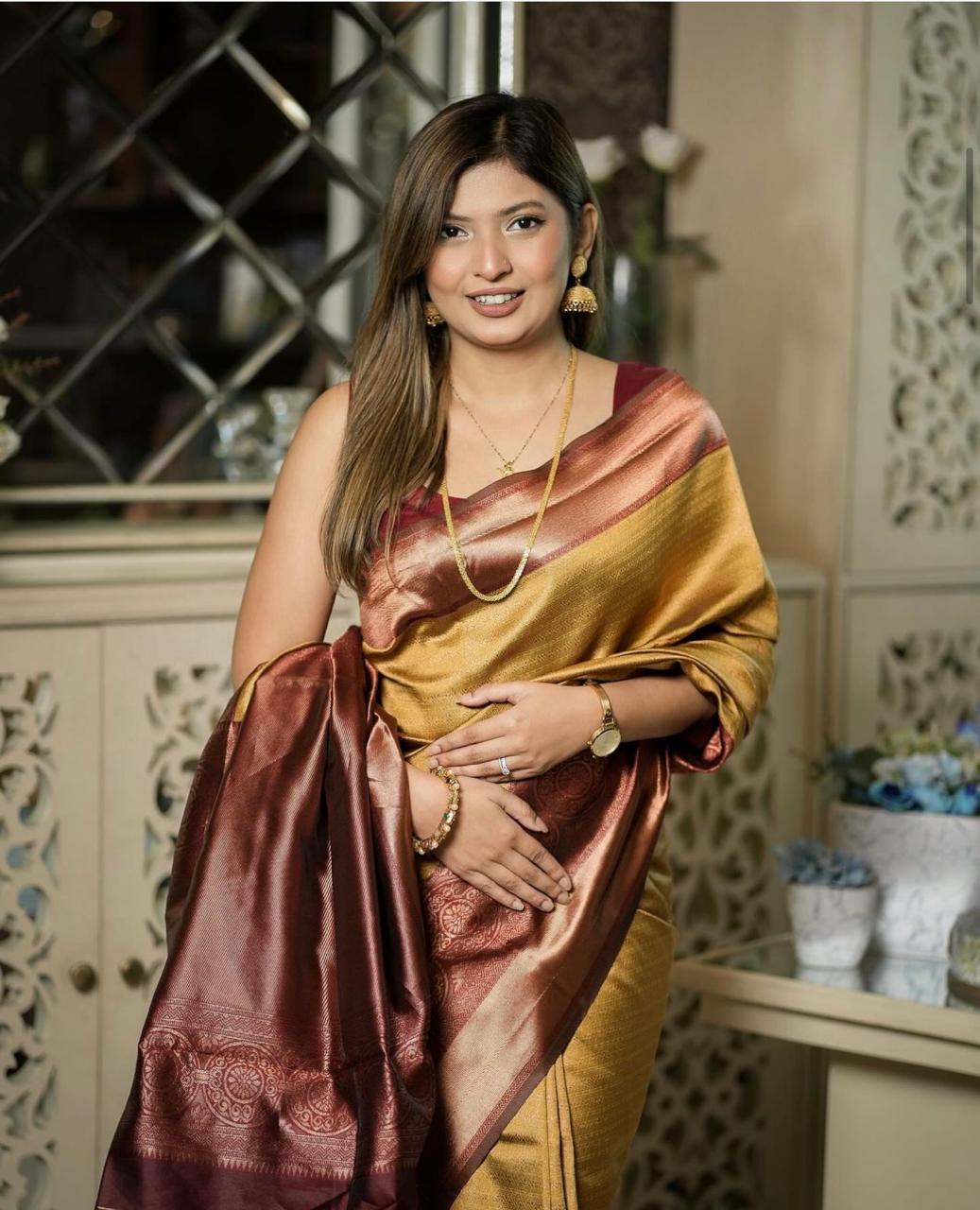 Yellow With Maroon Banarasi Soft Silk Sarees