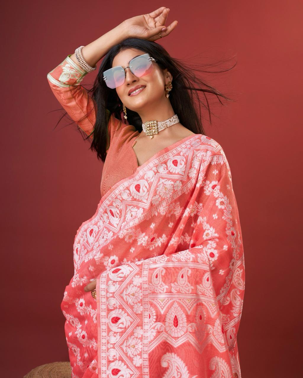 Vibrant Peach Cotton Silk Saree