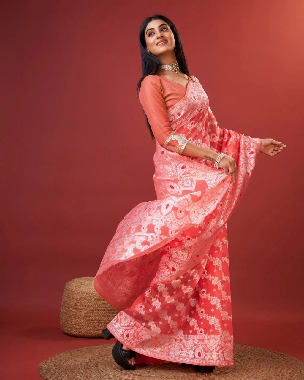 Vibrant Peach Cotton Silk Saree