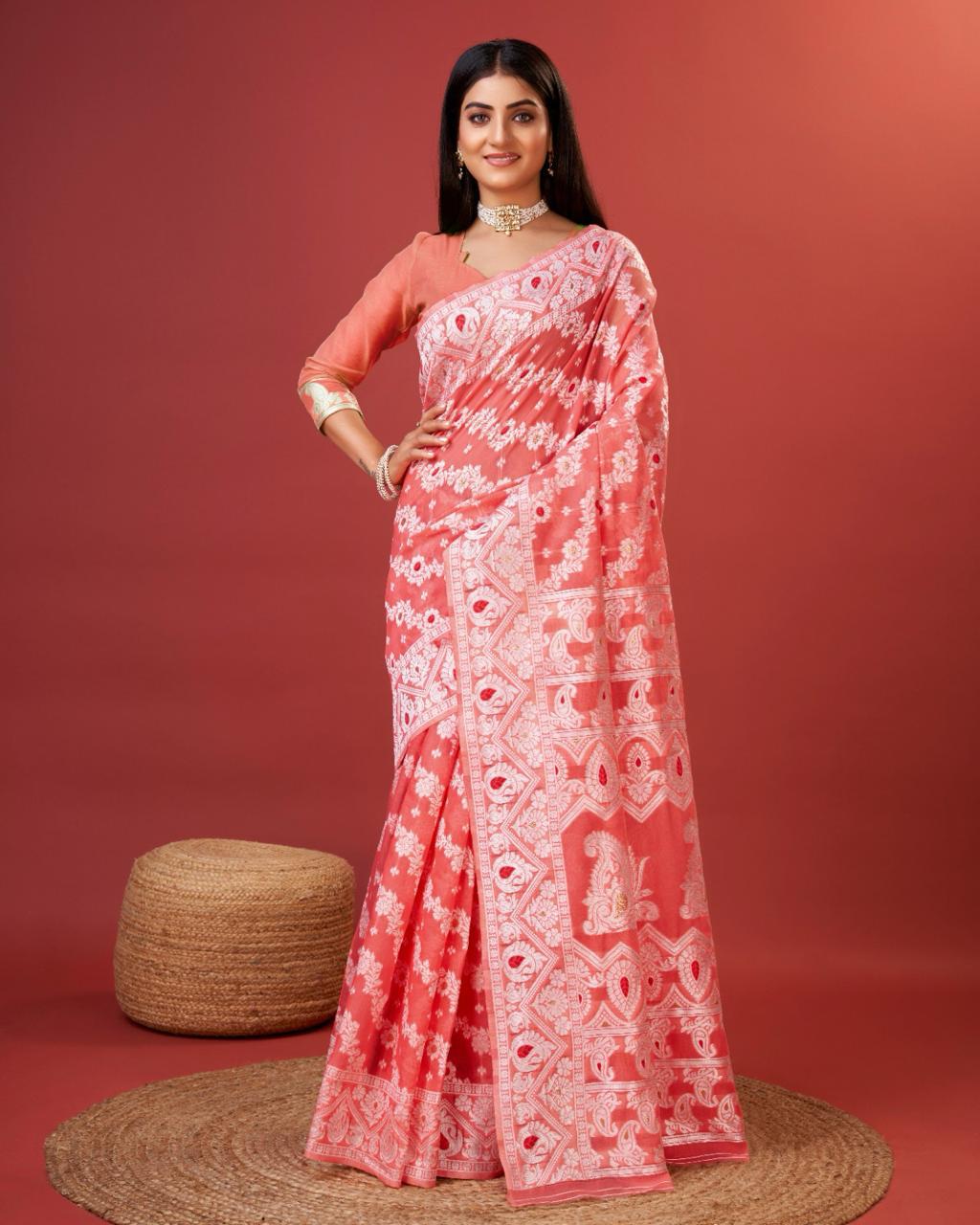 Vibrant Peach Cotton Silk Saree